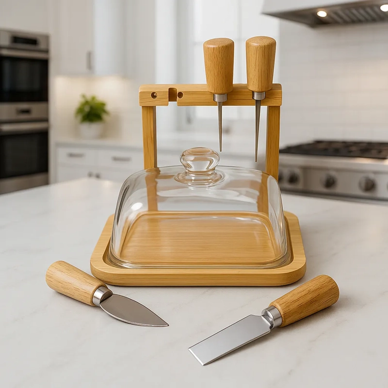 TABLA PARA QUESO PICOTEO CUPULA VIDRIO QUESO 4 CUCHILLO TABLA PARA QUESOS MARRON - 3