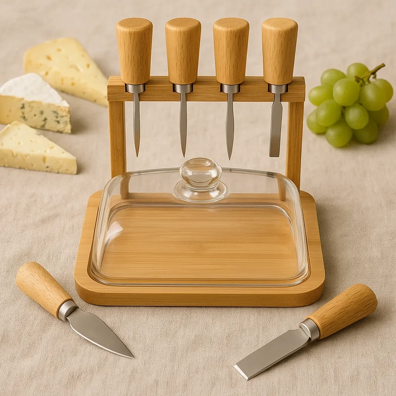 TABLA PARA QUESO PICOTEO CUPULA VIDRIO QUESO 4 CUCHILLO TABLA PARA QUESOS MARRON - 5