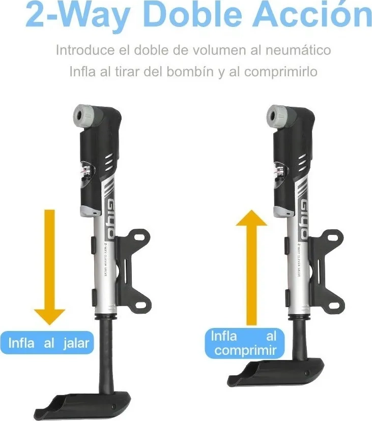 BOMBIN DE BICICLETA CON MANOMETRO (2-WAY DOBLE ACCION) PLATEADO - 1