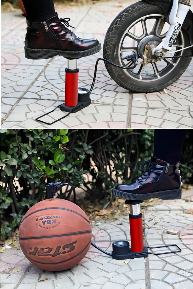BOMBA INFLADOR DE PIE P/NEUMATICOS BICI MOTOS PELOTAS CARROS COLOR ROJO - 2