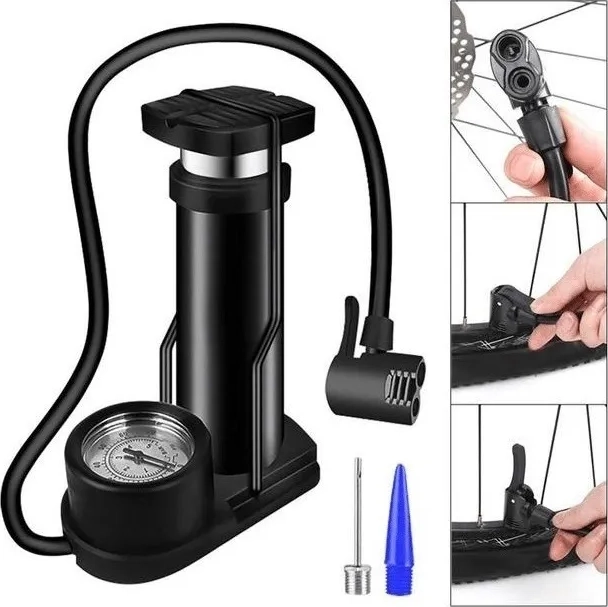 BOMBIN INFLADOR PIE PORTATI MEDIDOR DOBLE VALVULA BICICLETA - 1