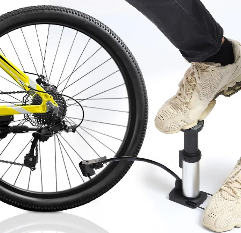 BOMBIN PIE BICICLETA PORTATIL INFLADOR BALON MOTO ACCESORIOS PLATEADO - 4