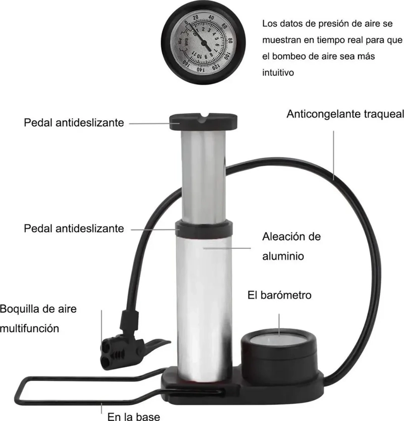 BOMBIN PIE BICICLETA PORTATIL INFLADOR BALON MOTO ACCESORIOS PLATEADO - 5
