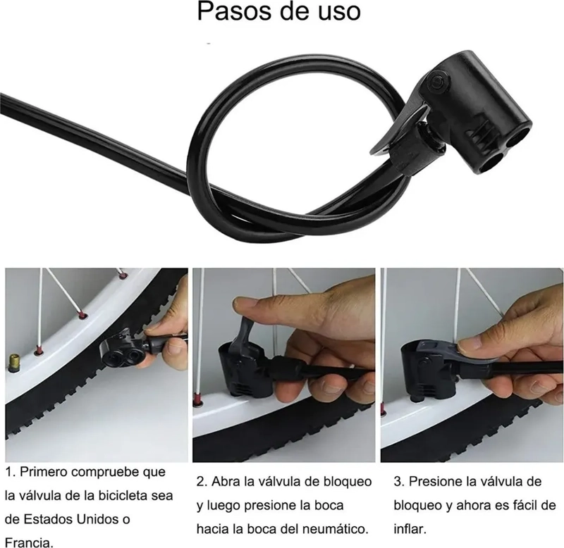 BOMBIN PIE BICICLETA PORTATIL INFLADOR BALON MOTO ACCESORIOS PLATEADO - 7