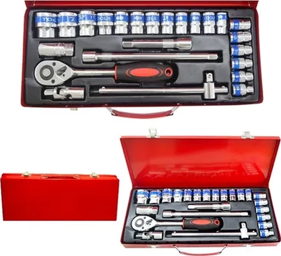 JUEGO DADOS CON CHICHARRA BARROTE Y EXTENSIONES 1/2'' 24PC NARANJA NEGRO PLATEADO - 1