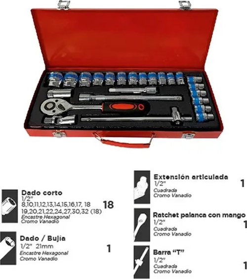 JUEGO DADOS CON CHICHARRA BARROTE Y EXTENSIONES 1/2'' 24PC NARANJA NEGRO PLATEADO - 2