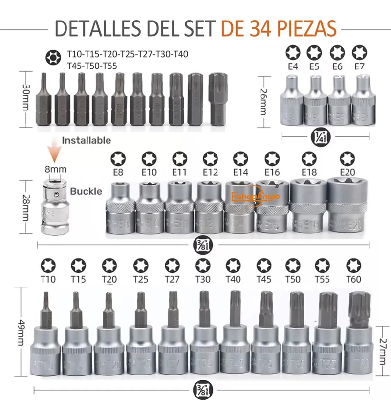 JUEGO DADOS TORX ESTRELLA 3/8 HEMBRA MACHO 34 PCS - 5