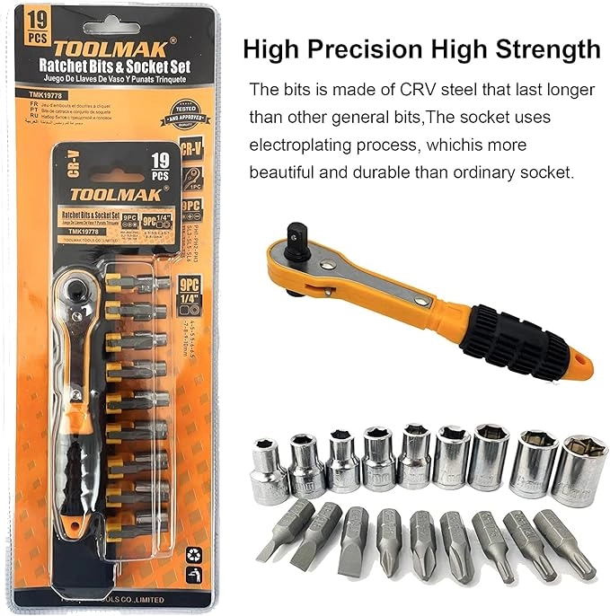 SET KIT JUEGO DADOS Y PUNTAS CUADRANTE 1/4 19 PIEZAS TOOLMAK - 3