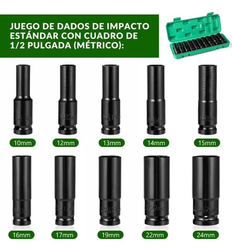 JUEGO HERRAMIENTAS LLAVE VASO KIT MECANICAS DADOS 10PZS VERDE MUSGO - 4