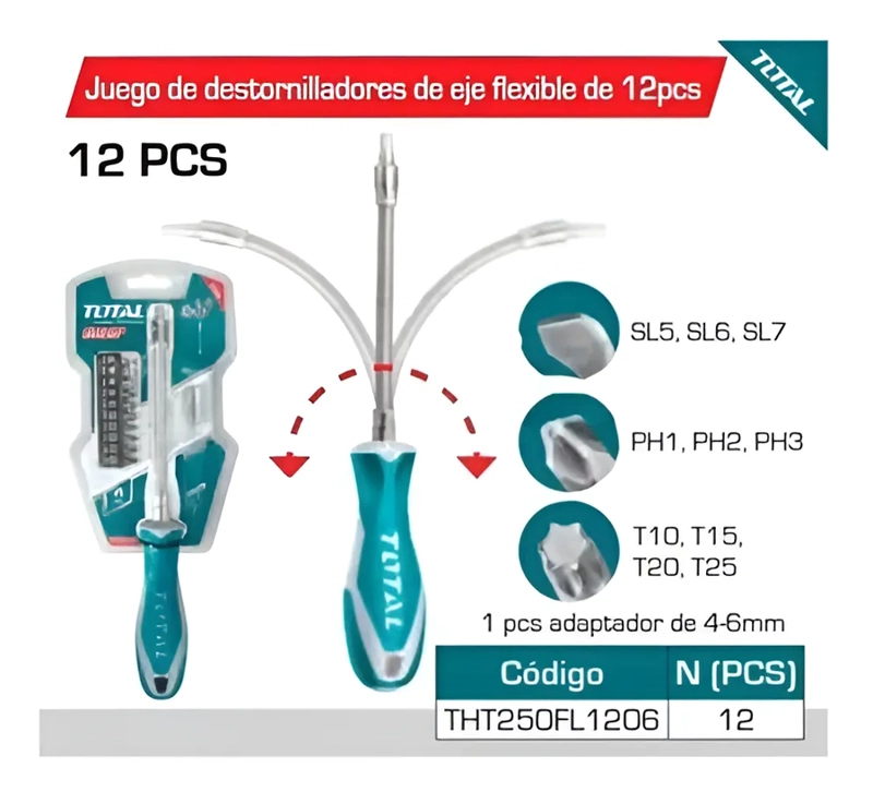 JUEGO DE DESTORNILLADOR FLEXIBLE 12 PCS TOTAL THT250FL1206 - 2