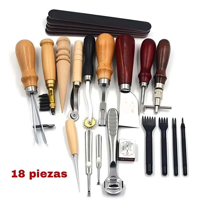 KIT 18 PIEZAS HERRAMIENTAS CUERO PIELES ARTESANIA PROFESIONA CHOCOLATE - 1