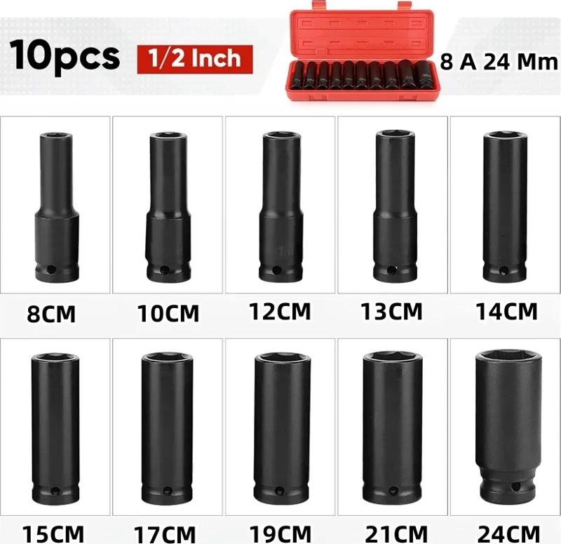 10 PIEZAS JUEGO SET DADOS DE IMPACTO 1/2, 8 A 24 MM EN CAJA - 2