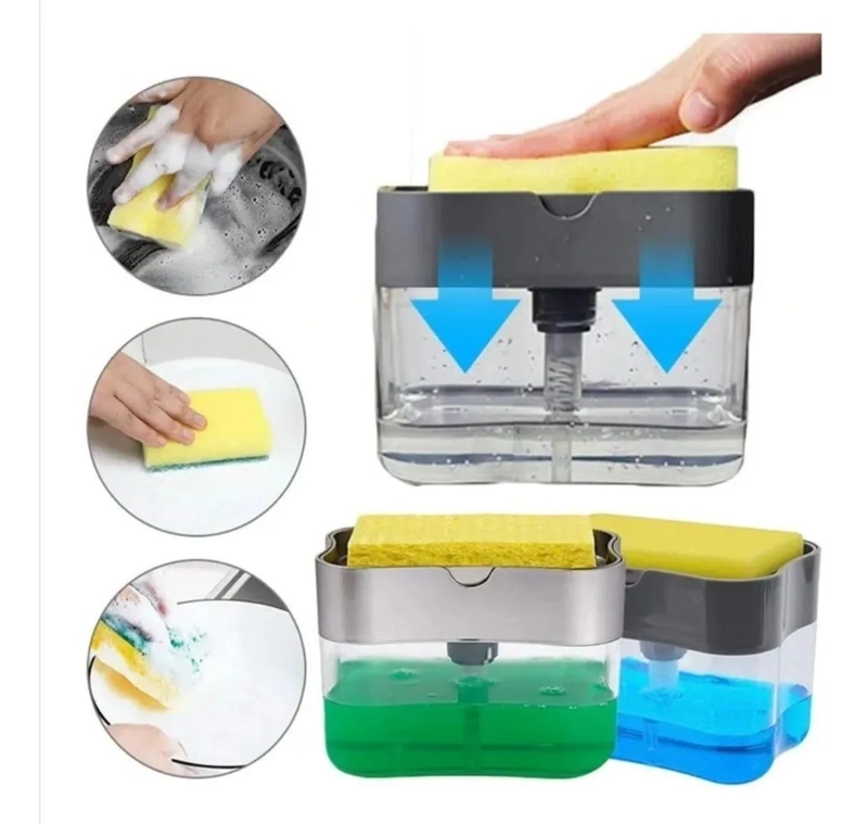 DISPENSADOR DE JABON 2 EN 1 CON SOPORTE DE ESPONJA GRIS - 1