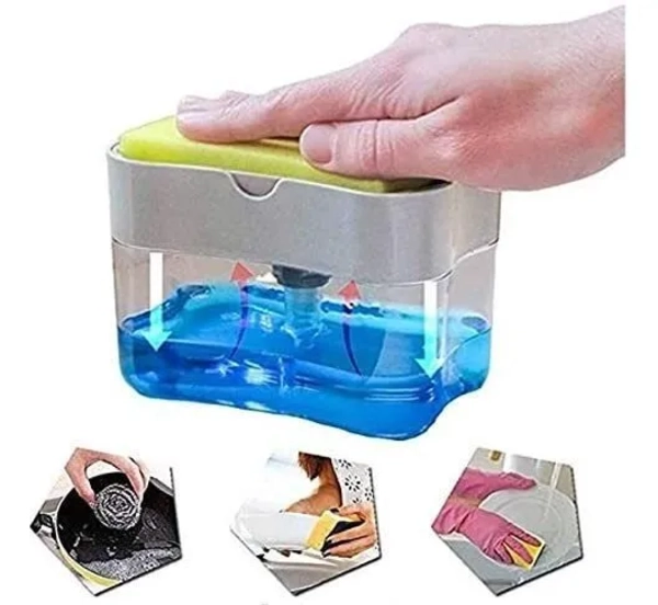 DISPENSADOR DE JABON 2 EN 1 CON SOPORTE DE ESPONJA GRIS - 2