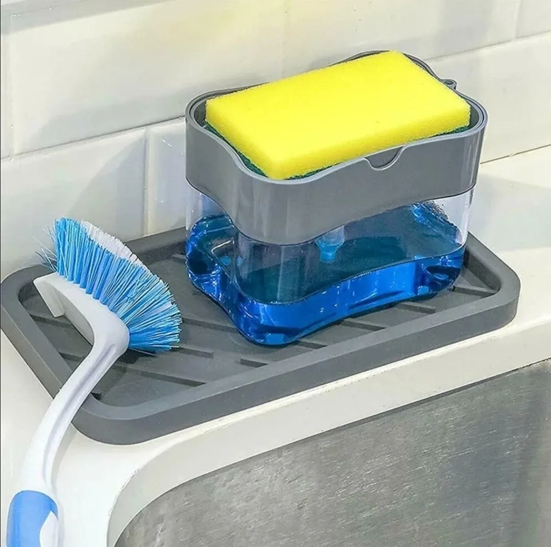 DISPENSADOR DE JABON 2 EN 1 CON SOPORTE DE ESPONJA GRIS - 3