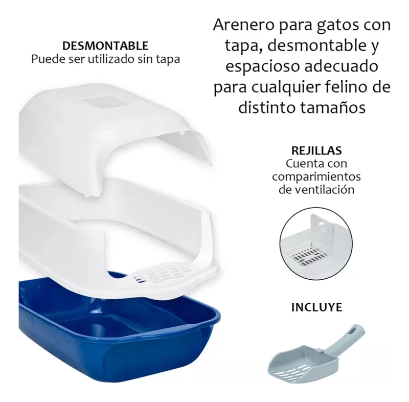 ARENERO SANITARIO PARA GATO CERRADO CON PALA PUERTA ABATIBLE COLOR AZUL MARINO - 2