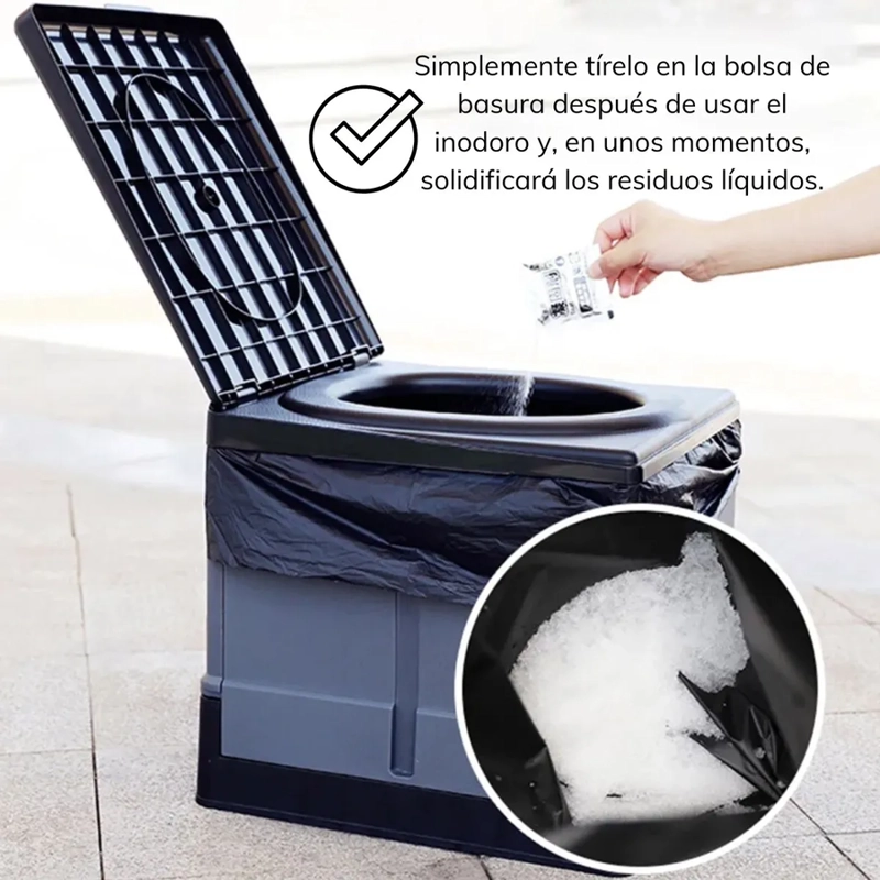 12 SOBRES GEL SOLIDIFICANTE ABSORBENTE BAÑO INODORO PORTATIL PLATEADO - 2
