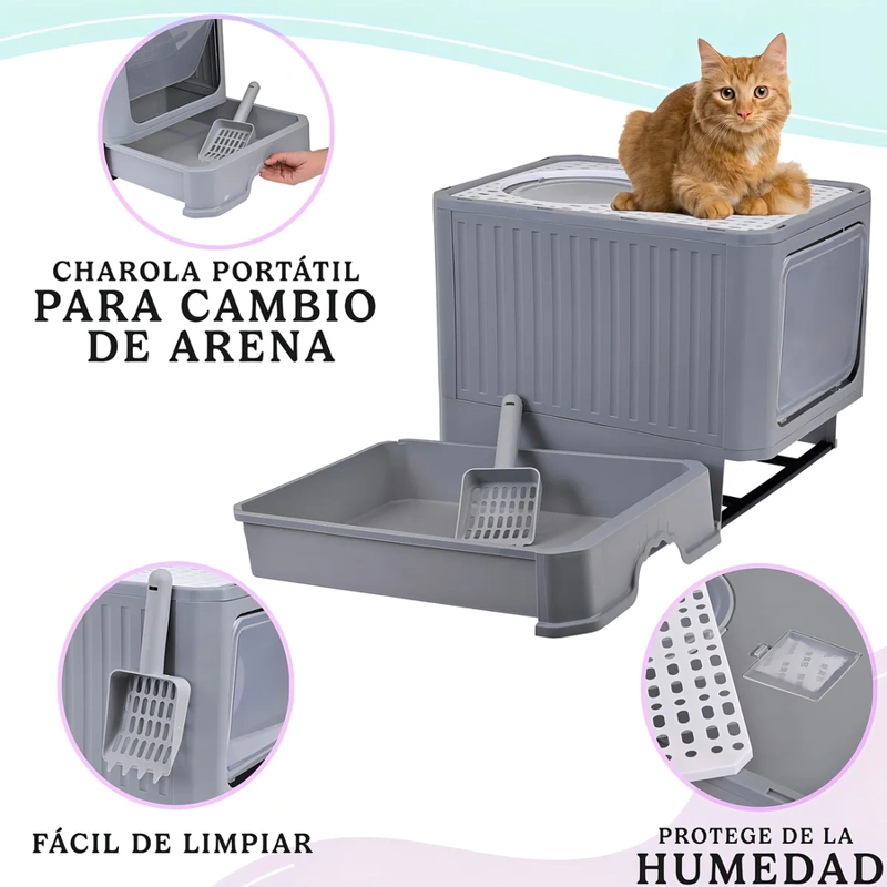 ARENERO BANDEJA SANITARIA GRANDE GATO CERRADO FILTRO Y PALA GRIS OSCURO - 5