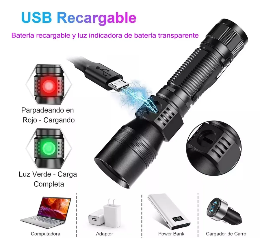 LINTERNA TACTICA RECARGABLE, 3 EN 1 LUZ NEGRA BRILLANTE 1600 LUMENES 7 MODOS ZOOMABLE IPX6 - 2
