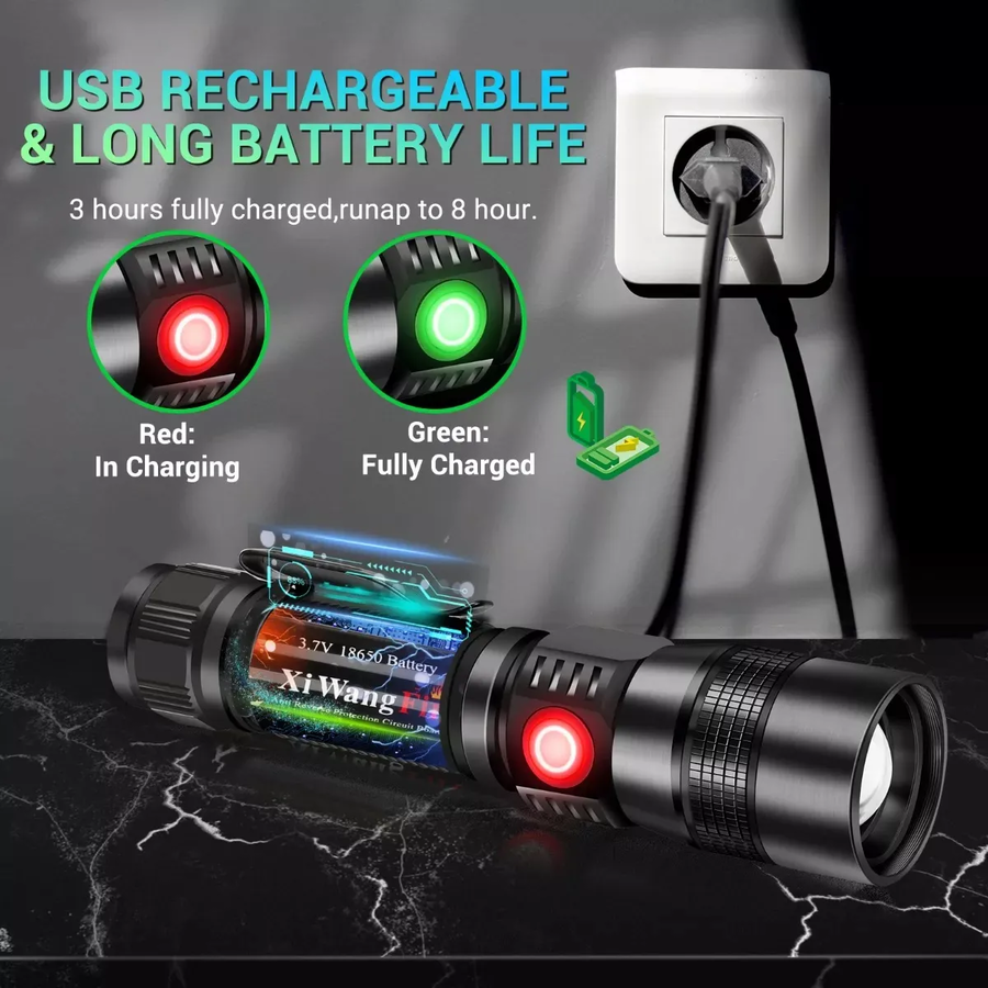LINTERNA TACTICA RECARGABLE, 3 EN 1 LUZ NEGRA BRILLANTE 1600 LUMENES 7 MODOS ZOOMABLE IPX6 - 3