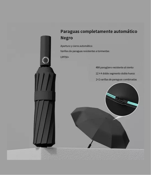 PARAGUAS PLEGABLE AUTOMATICO ANTI-VENDAVAL GRANDE 12HUESOS N - 3