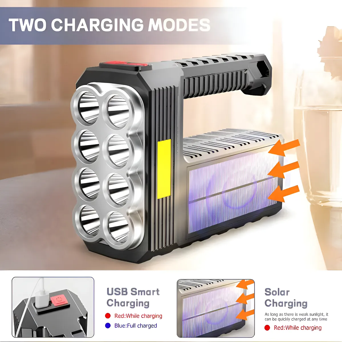 LINTERNA DE MANO PORTATIL 8 LED RECARGABLE SOLAR USB CAMPING COLOR DE LA LINTERNA NEGRO COLOR - 5