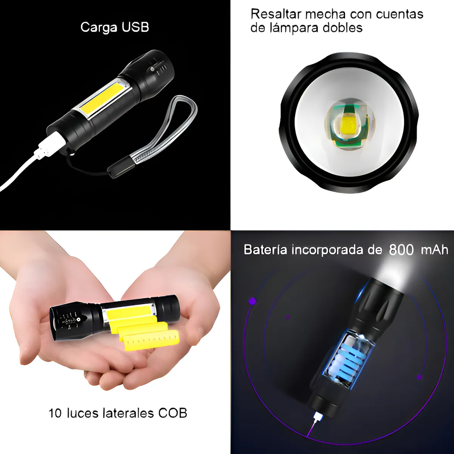 MINI LINTERNA LED DE MANO RECARGABLE USB GANCHO 525 CON ZOOM COLOR DE LA LINTERNA VERDE COLOR - 3