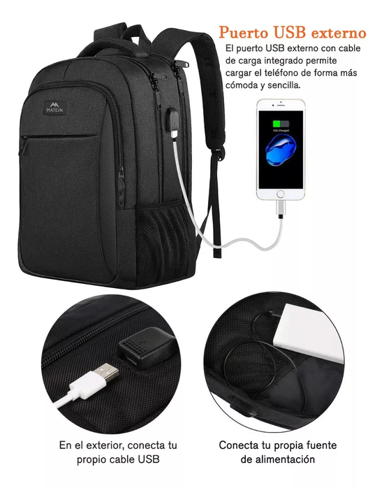 MOCHILA DE VIAJE PARA NOTEBOOK 15.6 PULGADAS ANTIRROBO E IMPERMEABLE MATEIN 1007 EN COLOR NEGRO - 2
