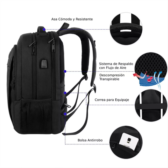 MOCHILA DE VIAJE PARA NOTEBOOK 15.6 PULGADAS ANTIRROBO E IMPERMEABLE MATEIN 1007 EN COLOR NEGRO - 4