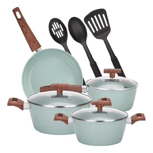 BATERIA DE COCINA DE 10 PIEZAS, ANTIADHERENTE, ACABADO GRANITO, MENAJE, COLOR VERDE CLARO - 2