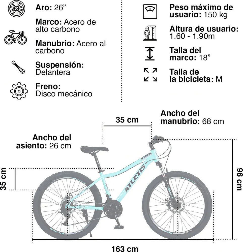 BICICLETA MOUNTAIN BIKE CRUISE ARO 26 21 VELOCIDAD MUJER COLOR 1624550 - TURQUESA TAMAÑO DEL - 2