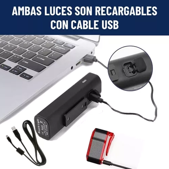 LUZ BICICLETA SET DELANTERA TRASERA USB IMPERMEABLE ALUMINIO EN COLOR NEGRO - 6