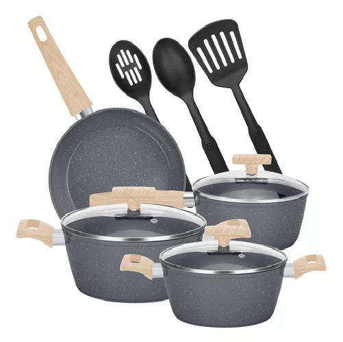 BATERIA DE COCINA DE 10 PIEZAS, ANTIADHERENTE, ACABADO GRANITO, MENAJE, COLOR EN COLOR NEGRO - 2