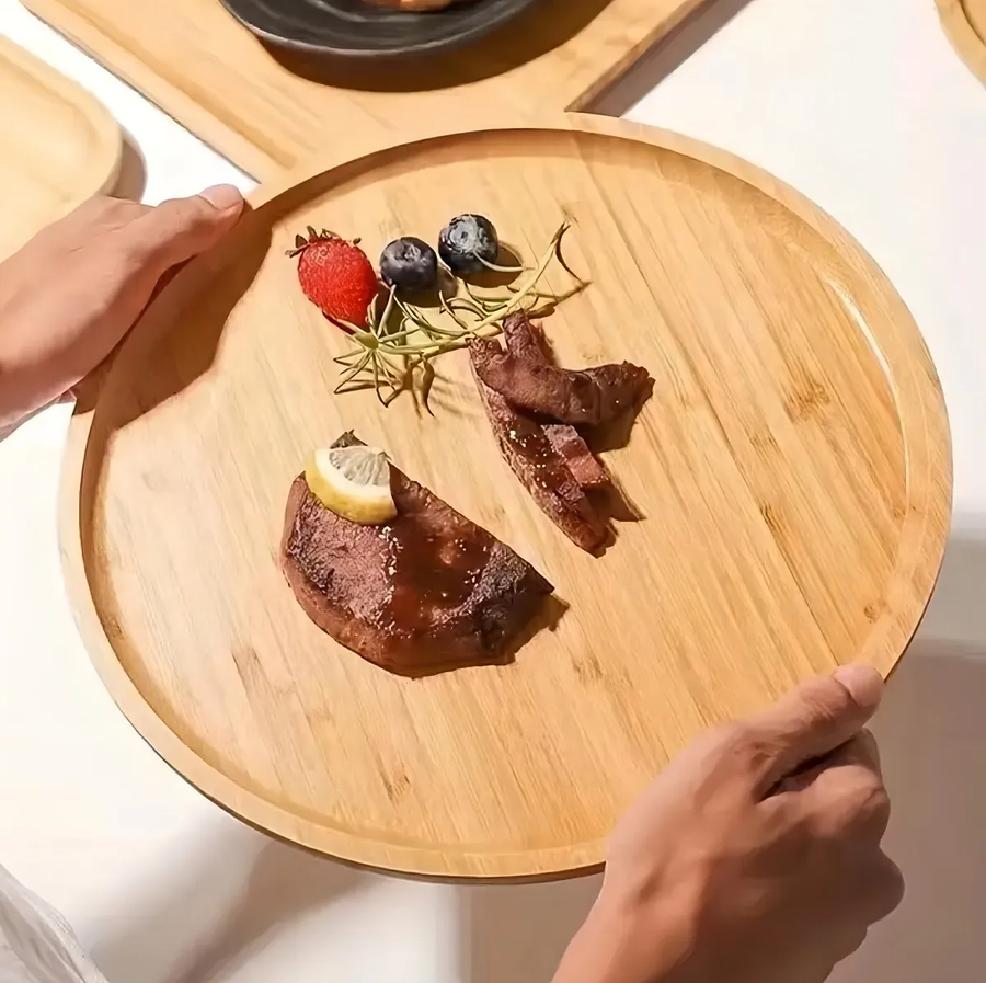 TABLA DE TRUPAN (MDF) PARA APERITIVOS, PACK DE 4, REDONDA, CON CANALETA. - 1
