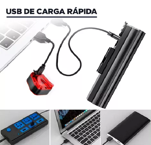 PACK LUZ BICICLETA DELANTERA Y TRASERA RECARGABLE LED EN COLOR NEGRO - 4