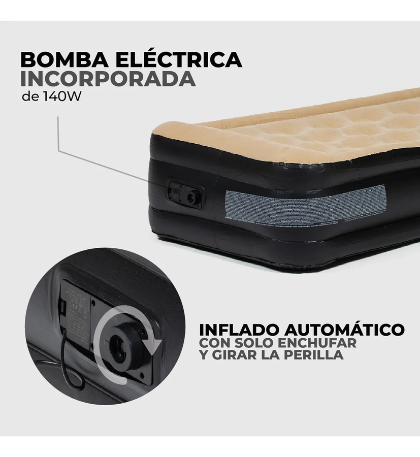 COLCHON INFLABLE ELE CTRICO KANO AUTOINFLABLE INDIVIDUAL COLOR BEIGE 1 PLAZA CAMA PARA CAMPING - 1