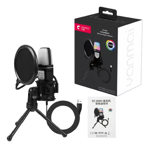 MICROFONO YANMAI SF-666R USB RGB, STREAMING GAMER, COLOR EN COLOR NEGRO - 1