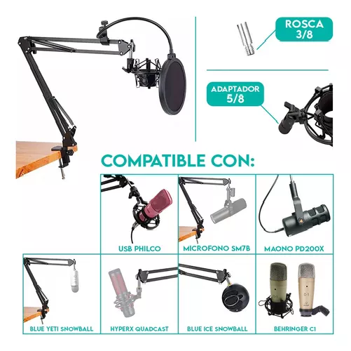 KIT PROFESIONAL, BRAZO PARA MICROFONO, ANTIPOP, SOPORTE ARAÑA, ESTUDIO, COLOR EN COLOR NEGRO - 3