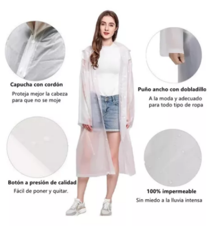 PORTATIL CAPA PONCHO PARA LA LLUVIA 100% IMPERMEABLE DURO 2P, EN COLOR BLANCO - 4