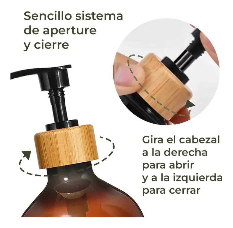 DISPENSADOR DE JABON BOTELLA VIDRIO AMBAR 500 ML BAMBU - 2