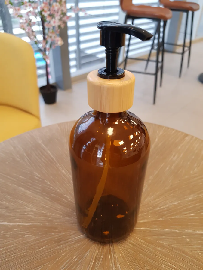 DISPENSADOR DE JABON BOTELLA VIDRIO AMBAR 500 ML BAMBU - 3