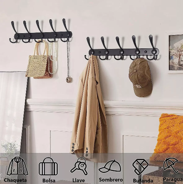 GANCHOS PERCHERO DOBLE COLGADOR PARA PARED COCINA 2 PIEZAS EN COLOR NEGRO - 3