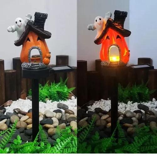 ESTACA SOLAR DE HALLOWEEN, CALABAZA CON FANTASMA Y LUZ DE JARDIN - 2