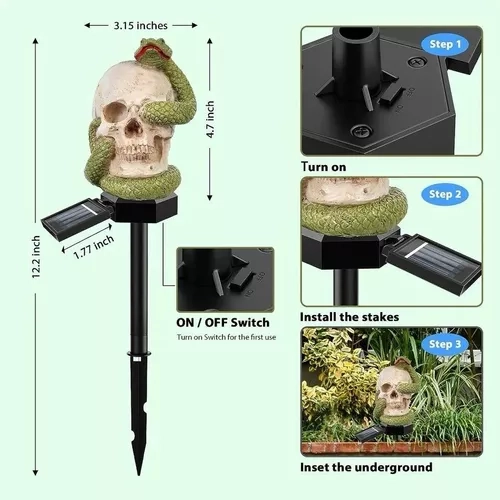 ESTACA SOLAR DE HALLOWEEN, CALAVERA CON SERPIENTE, LUZ DE JARDIN - 3