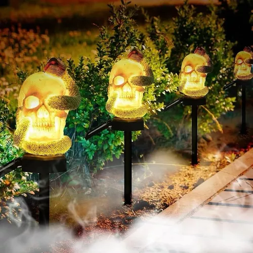 ESTACA SOLAR DE HALLOWEEN, CALAVERA CON SERPIENTE, LUZ DE JARDIN - 4