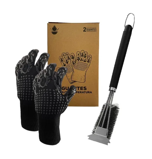 PACK SET CEPILLO INOX + 2 GUANTES ALTA TEMPERATURA ASADO BBQ - 3