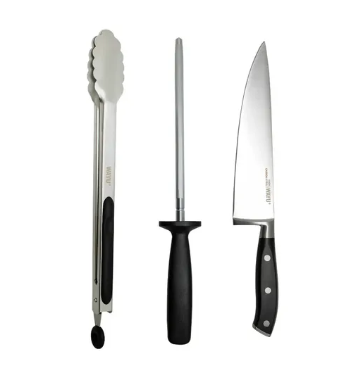 SET PARRILLERO 3 PIEZAS WAYU (CUCHILLO + PINZAS + AFILADOR) - 1