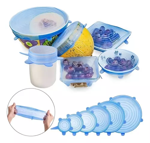 SET DE 6 TAPAS DE SILICONA EXTENSIBLES, ANTI ESCURRIMIENTOS, COLOR AZUL - 1