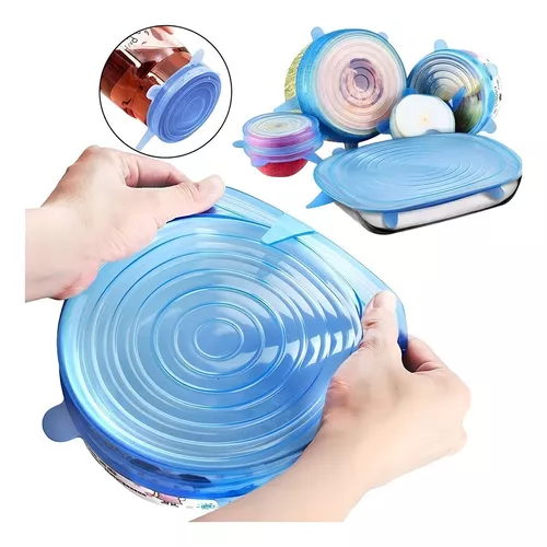 SET DE 6 TAPAS DE SILICONA EXTENSIBLES, ANTI ESCURRIMIENTOS, COLOR AZUL - 2