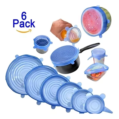 SET DE 6 TAPAS DE SILICONA EXTENSIBLES, ANTI ESCURRIMIENTOS, COLOR AZUL - 4